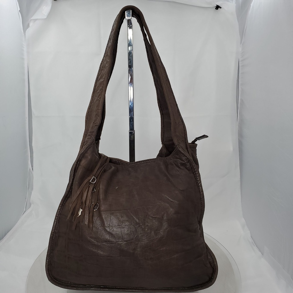 Donald J Pliner Taupe Croc Emboss Leather Slouchy Hobo Shoulder Bag Tassel Large